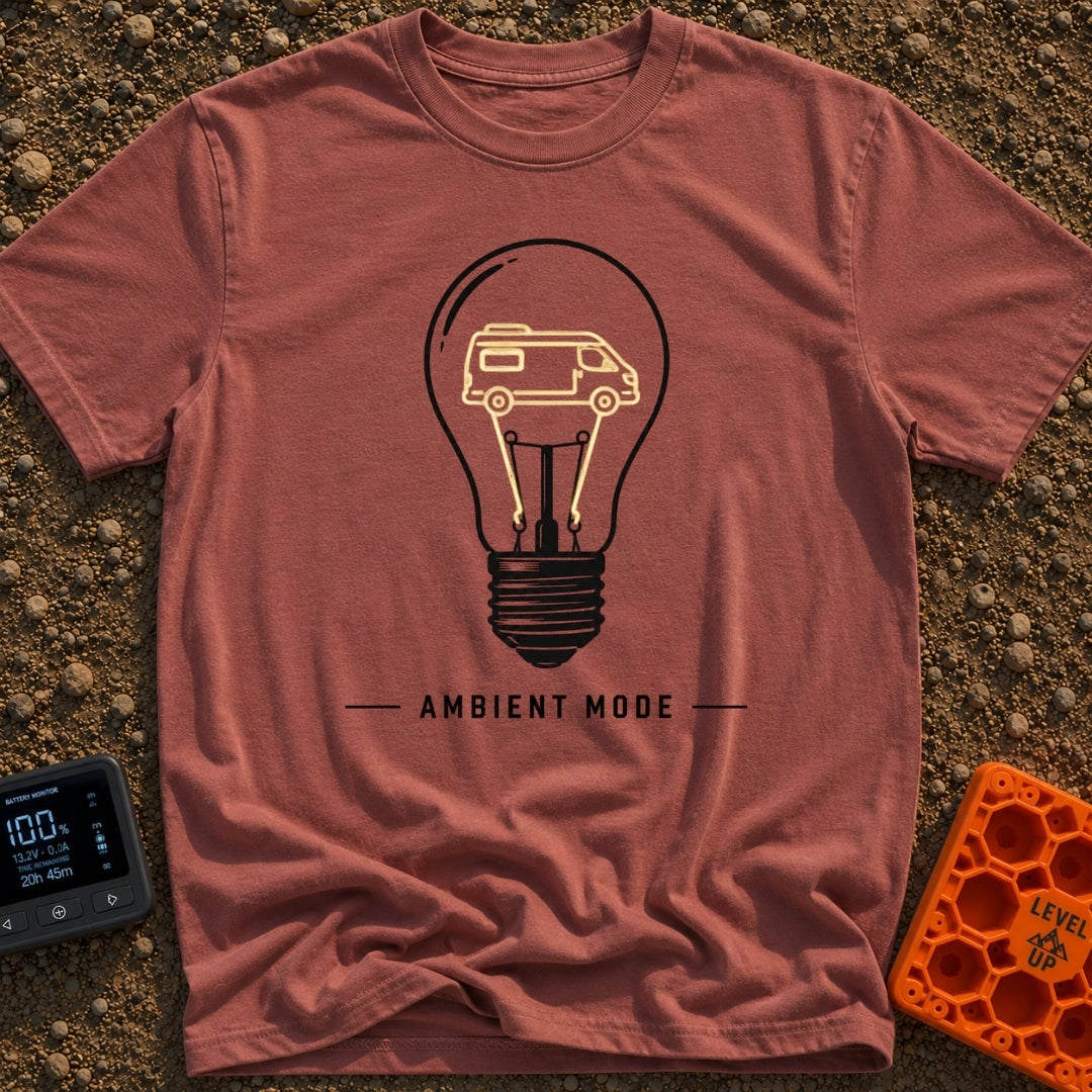 Switch To Ambient Mode - T-Shirt in Brick - A black and white line drawing of a standard lightbulb featuring a glowing...