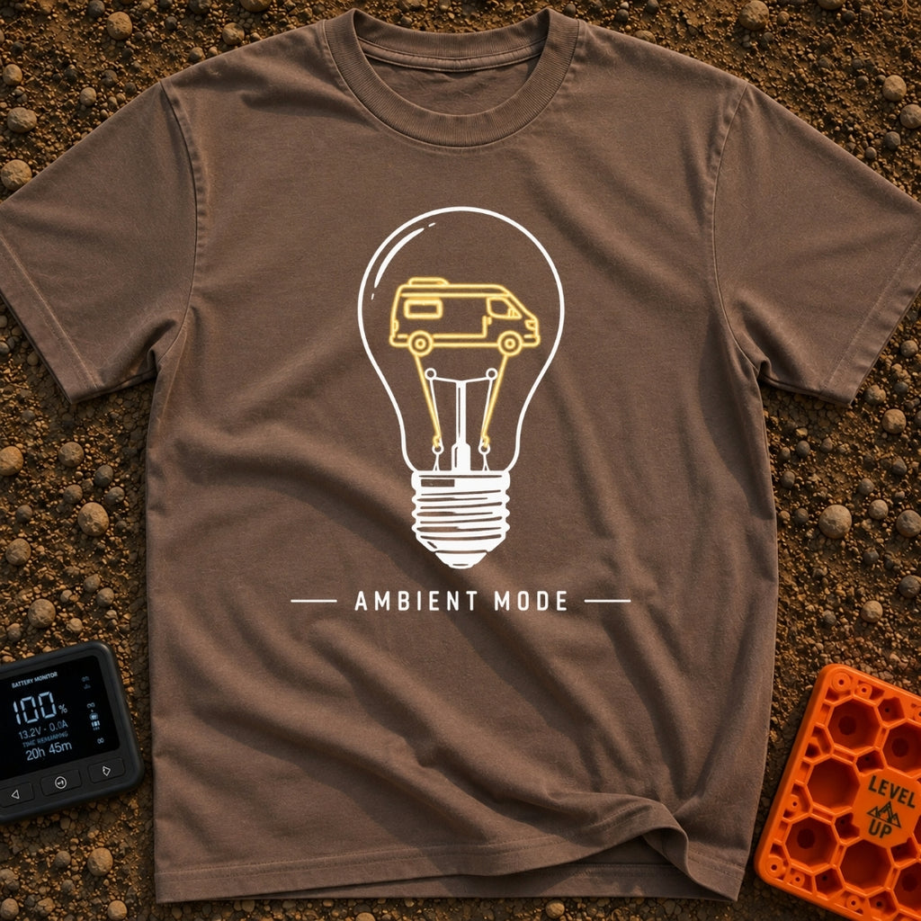 Switch To Ambient Mode - T-Shirt in Espresso - A black and white line drawing of a standard lightbulb featuring a glowing...