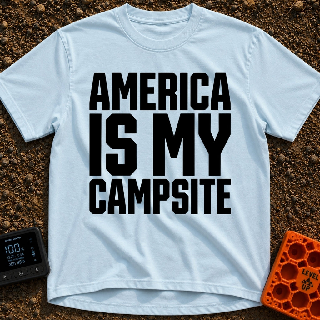 America Is My Campsite - T-Shirt in Chambray - Bold, black, uppercase text reading "AMERICA IS MY CAMPSITE" stacked in...