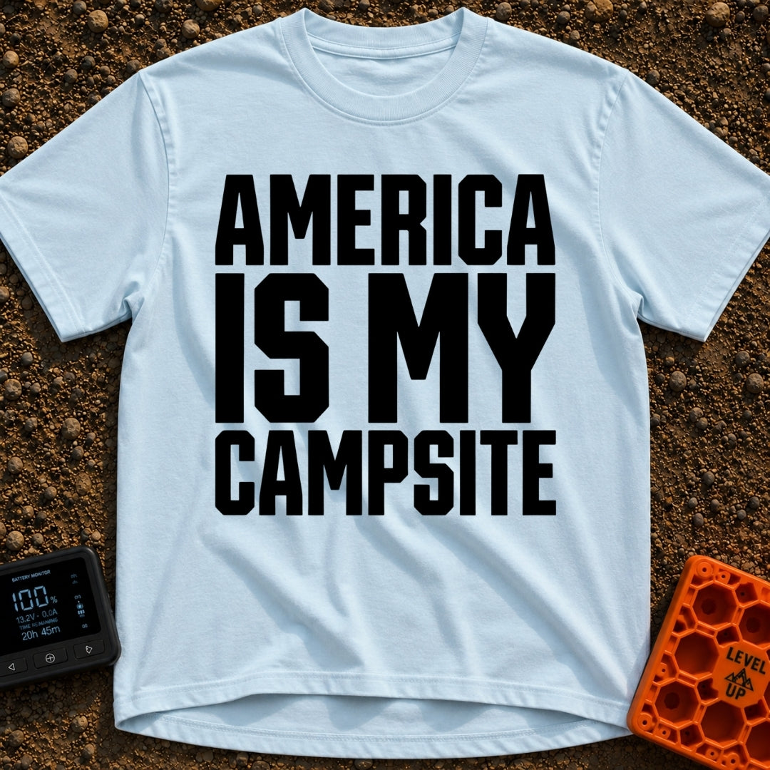 America Is My Campsite - T-Shirt in Chambray - Bold, black, uppercase text reading "AMERICA IS MY CAMPSITE" stacked in...