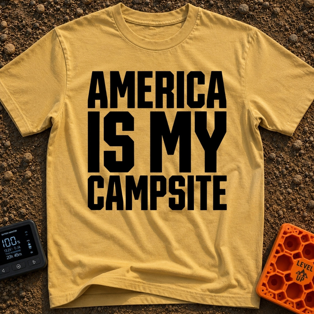 America Is My Campsite - T-Shirt in Mustard - Bold, black, uppercase text reading "AMERICA IS MY CAMPSITE" stacked in...