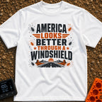 Better Through A Windshield - T-Shirt in White - Text reading "AMERICA LOOKS BETTER THROUGH A WINDSHIELD" surrounded by...
