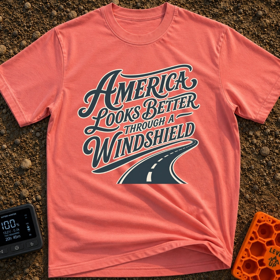 Better Through A Windshield - T-Shirt in Watermelon - Stylized typography reading "America Looks Better Through A...