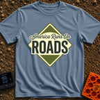 America runs On Roads - T-Shirt in Blue Jean - A diamond-shaped, olive green and pale yellow graphic resembling a road...