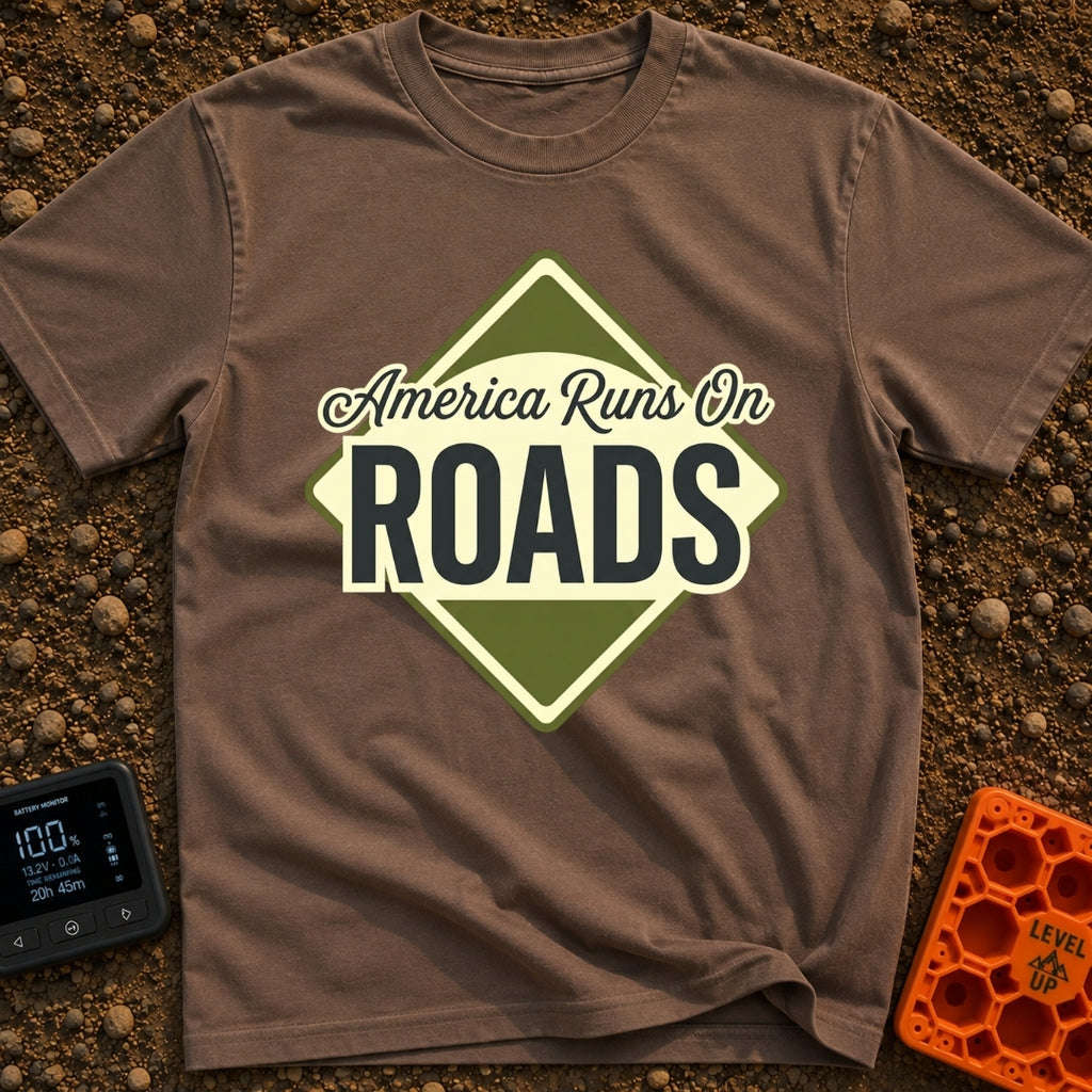 America runs On Roads - T-Shirt in Espresso - A diamond-shaped, olive green and pale yellow graphic resembling a road...
