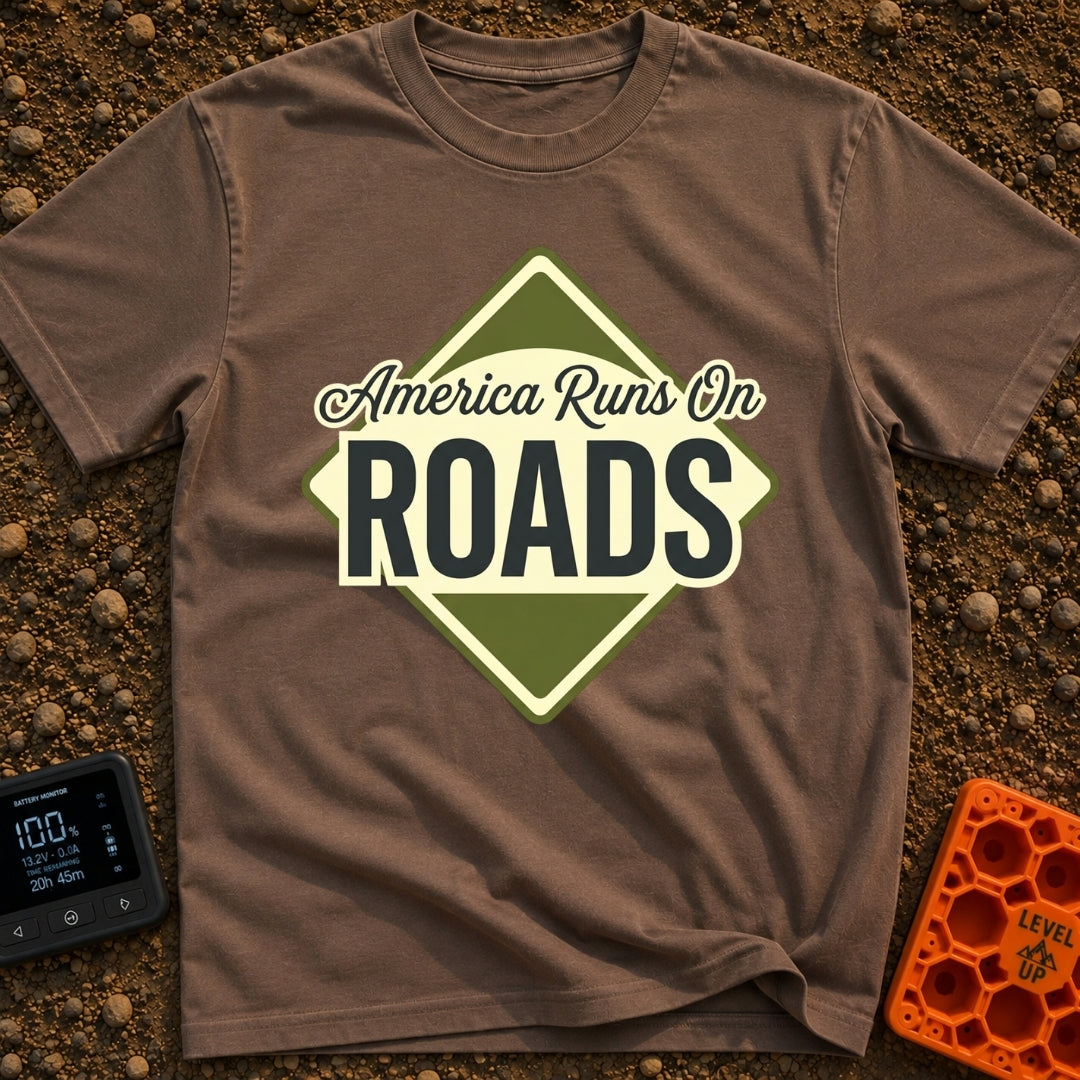 America runs On Roads - T-Shirt in Espresso - A diamond-shaped, olive green and pale yellow graphic resembling a road...