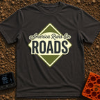 America runs On Roads - T-Shirt in Graphite - A diamond-shaped, olive green and pale yellow graphic resembling a road...
