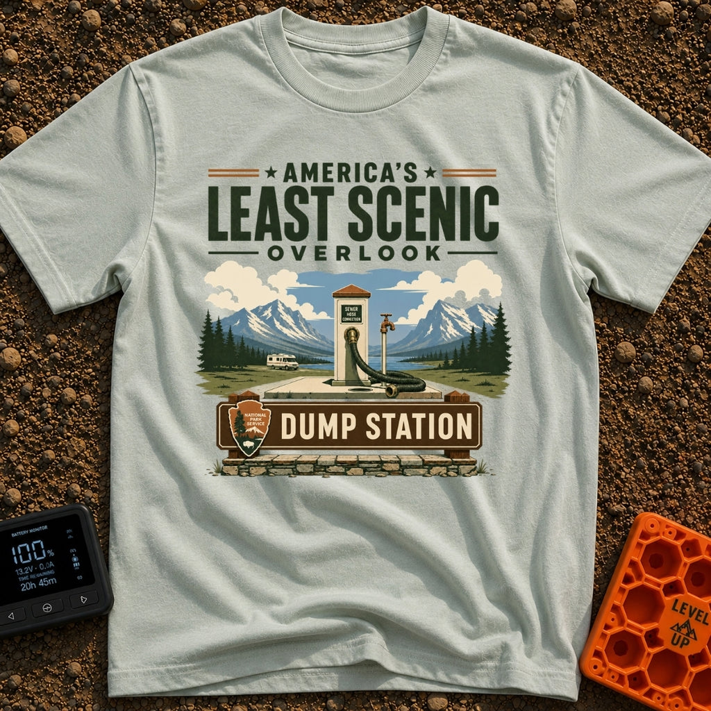 Least Scenic Overlook - T-Shirt in Bay - A vintage-style illustration of an RV dump station with a sewer hose and water...