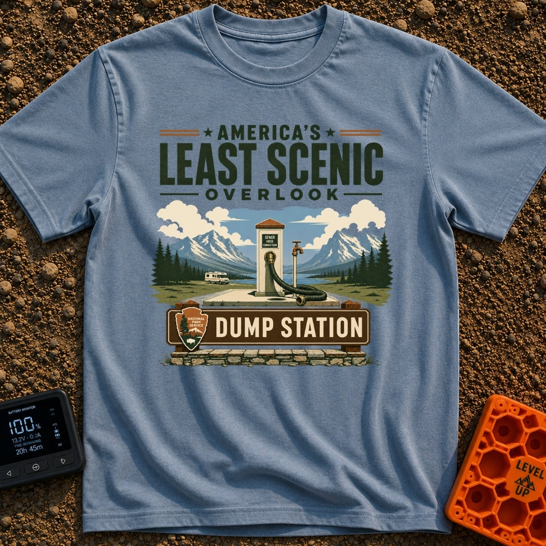 Least Scenic Overlook - T-Shirt in Blue Jean - A vintage-style illustration of an RV dump station with a sewer hose and...
