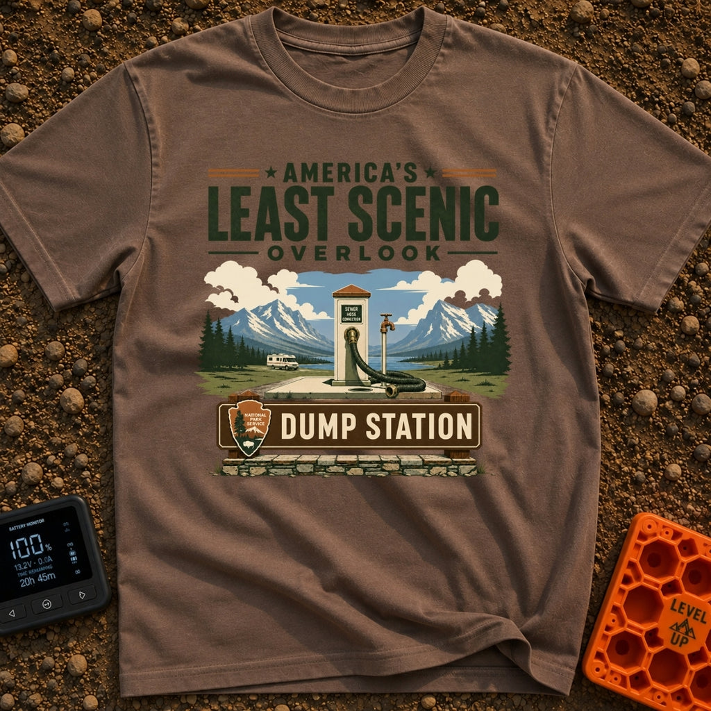 Least Scenic Overlook - T-Shirt in Espresso - A vintage-style illustration of an RV dump station with a sewer hose and...