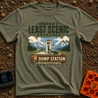 Least Scenic Overlook - T-Shirt in Moss - A vintage-style illustration of an RV dump station with a sewer hose and water...