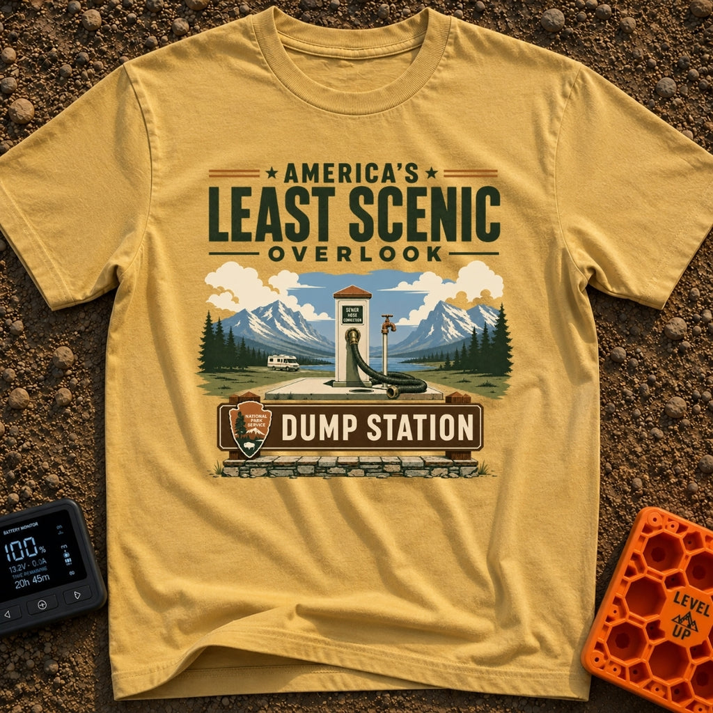 Least Scenic Overlook - T-Shirt in Mustard - A vintage-style illustration of an RV dump station with a sewer hose and...