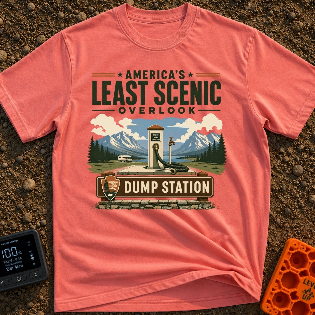 Least Scenic Overlook - T-Shirt in Watermelon - A vintage-style illustration of an RV dump station with a sewer hose and...