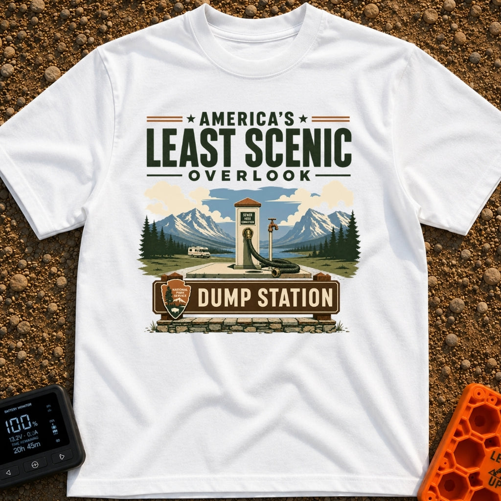 Least Scenic Overlook - T-Shirt in White - A vintage-style illustration of an RV dump station with a sewer hose and water...