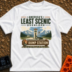 Least Scenic Overlook - T-Shirt in White - A vintage-style illustration of an RV dump station with a sewer hose and water...