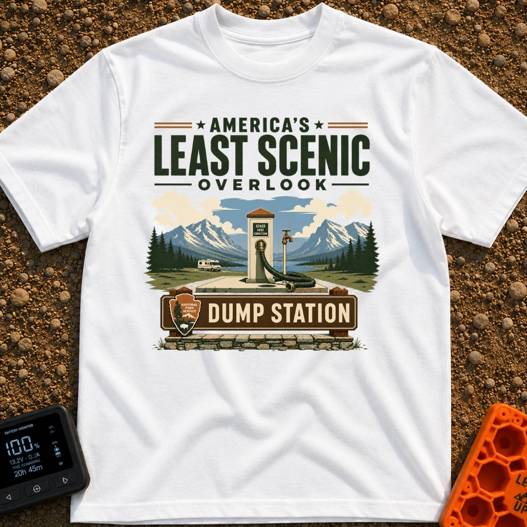 Least Scenic Overlook - T-Shirt in White - A vintage-style illustration of an RV dump station with a sewer hose and water...