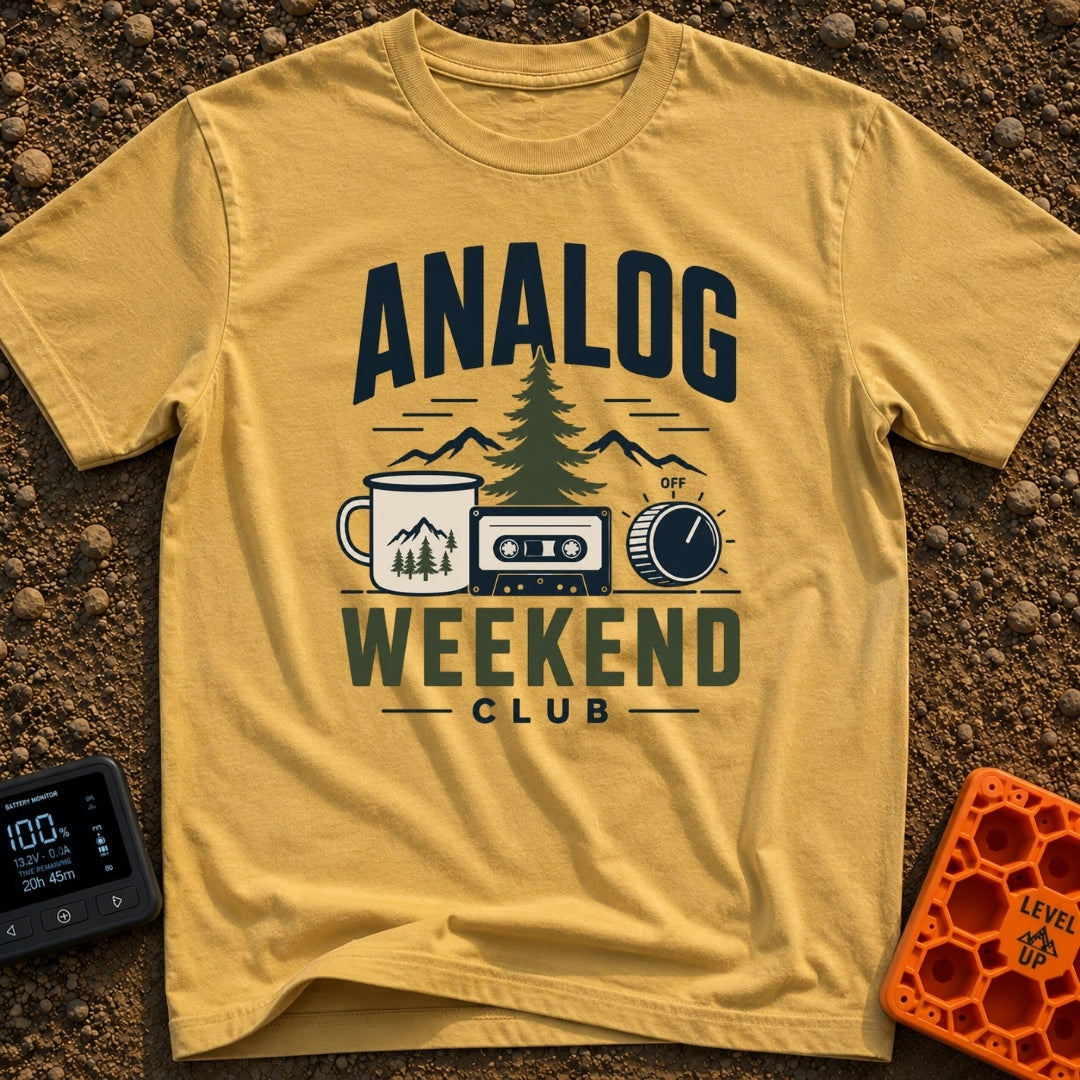 Analog State Of Mind - T-Shirt in Mustard - A graphic design featuring the text "ANALOG WEEKEND CLUB" surrounding an...