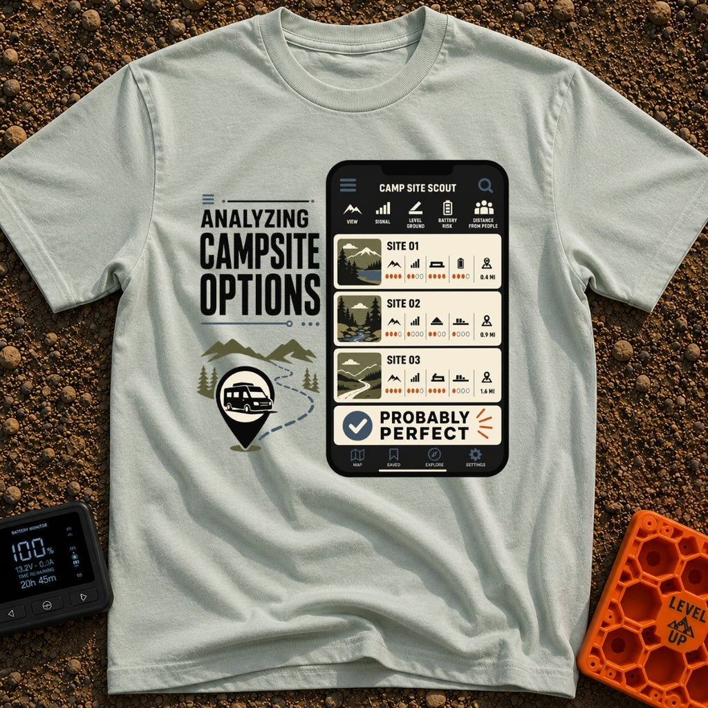 Campsite Under Review - T-Shirt in Bay - A graphic combining the text 'ANALYZING CAMPSITE OPTIONS' with an illustration...