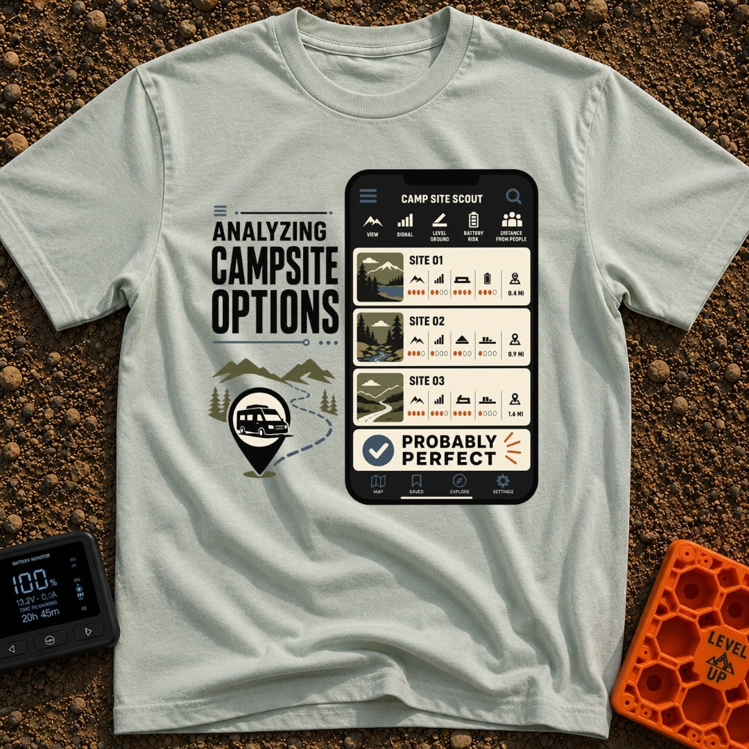 Campsite Under Review - T-Shirt in Bay - A graphic combining the text 'ANALYZING CAMPSITE OPTIONS' with an illustration...