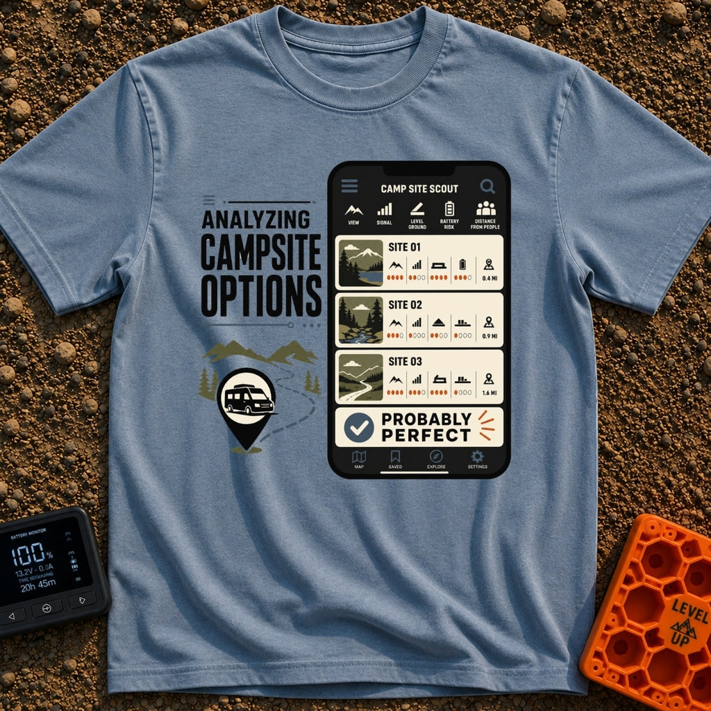 Campsite Under Review - T-Shirt in Blue Jean - A graphic combining the text 'ANALYZING CAMPSITE OPTIONS' with an...