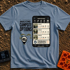 Campsite Under Review - T-Shirt in Blue Jean - A graphic combining the text 'ANALYZING CAMPSITE OPTIONS' with an...