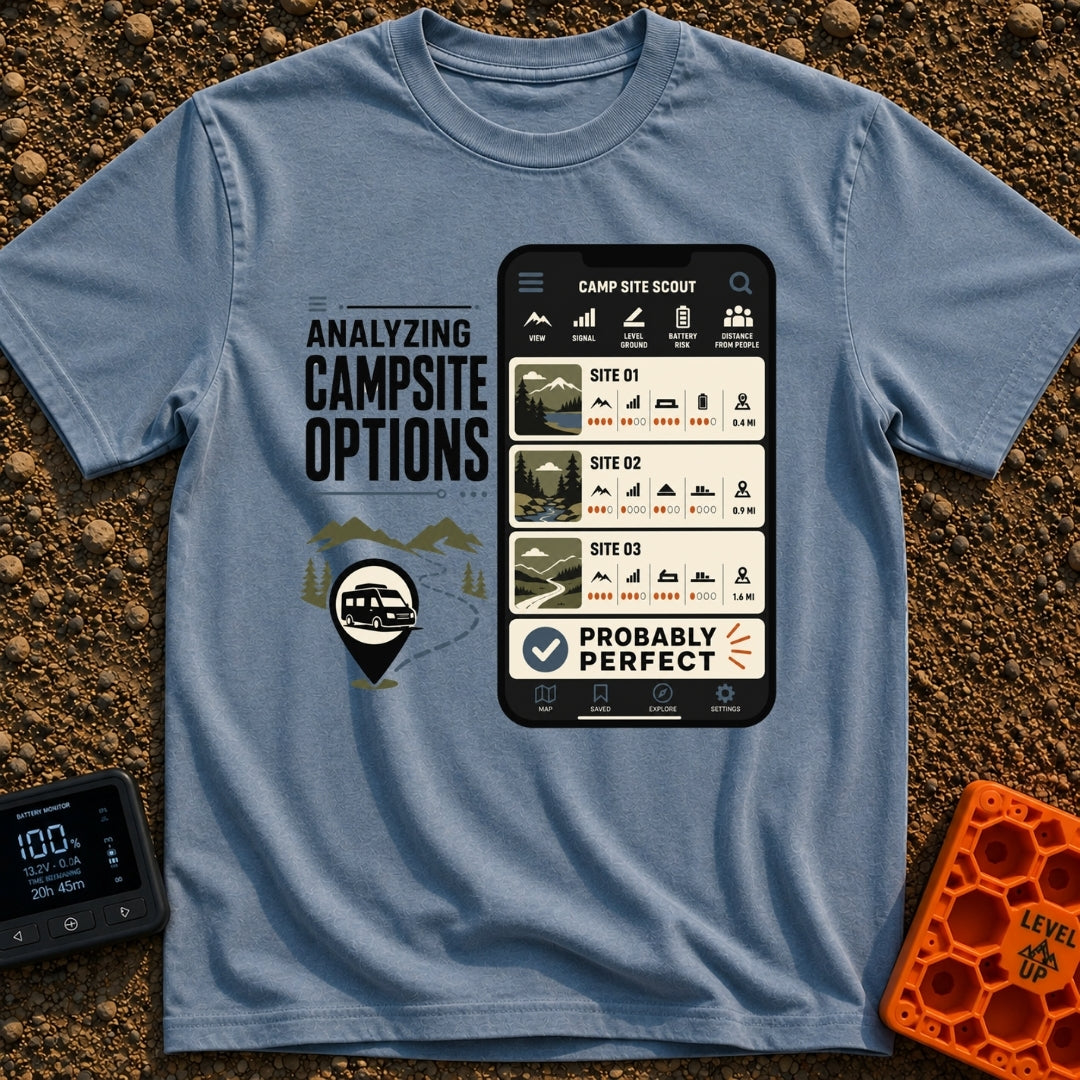 Campsite Under Review - T-Shirt in Blue Jean - A graphic combining the text 'ANALYZING CAMPSITE OPTIONS' with an...