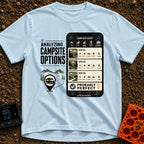 Campsite Under Review - T-Shirt in Chambray - A graphic combining the text 'ANALYZING CAMPSITE OPTIONS' with an...
