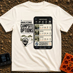 Campsite Under Review - T-Shirt in Ivory - A graphic combining the text 'ANALYZING CAMPSITE OPTIONS' with an illustration...