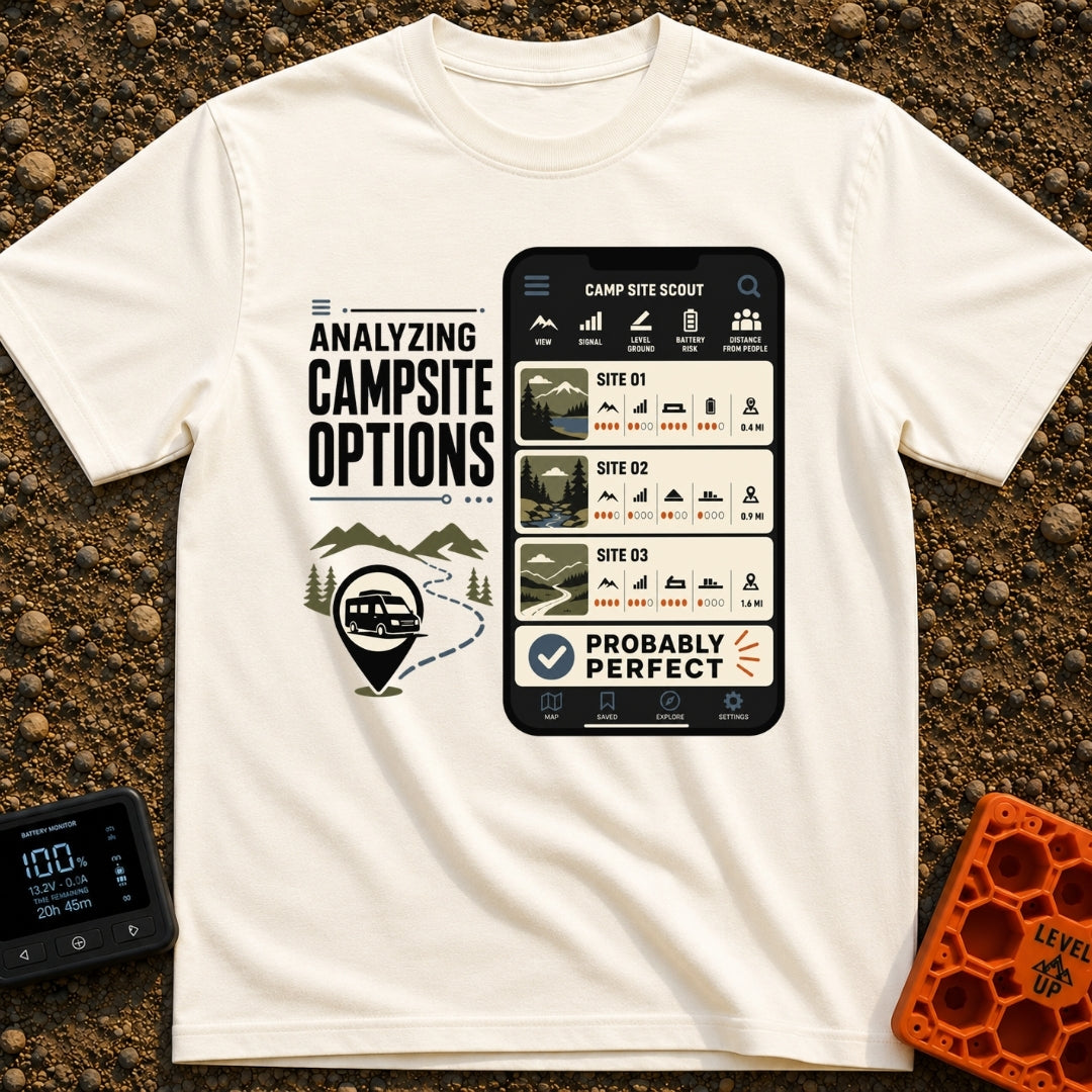 Campsite Under Review - T-Shirt in Ivory - A graphic combining the text 'ANALYZING CAMPSITE OPTIONS' with an illustration...