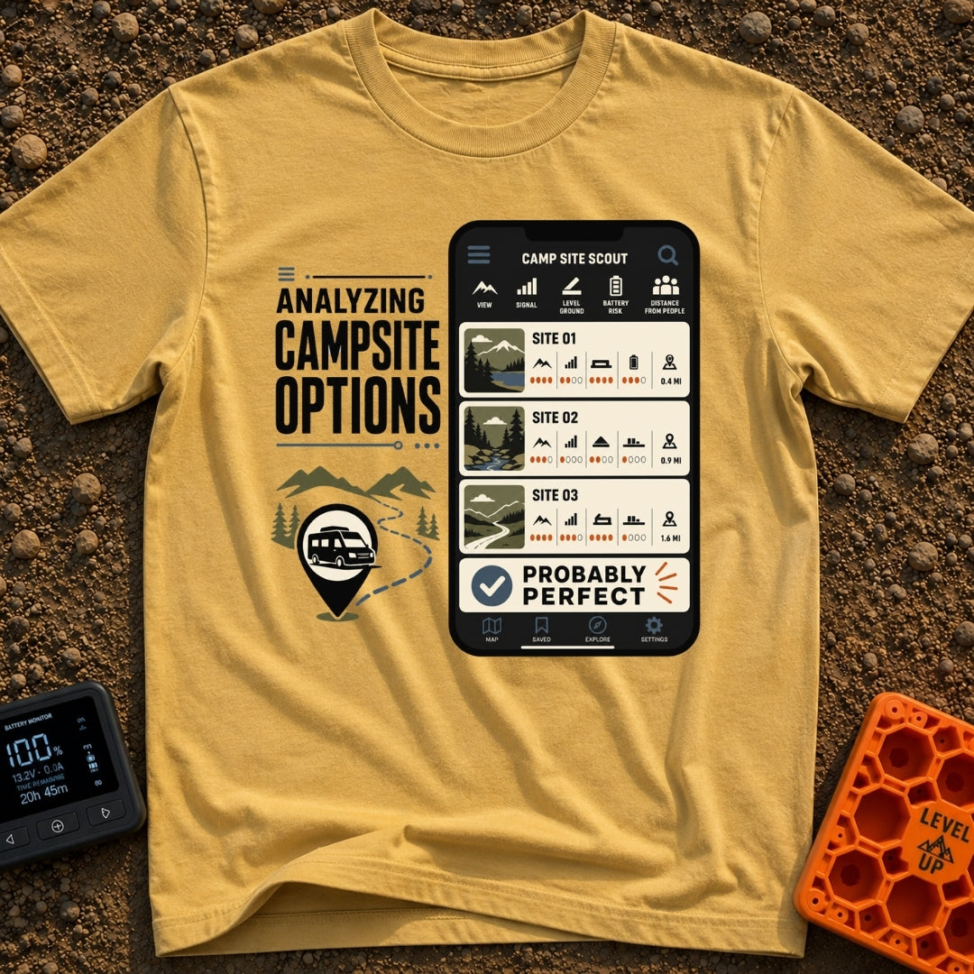 Campsite Under Review - T-Shirt in Mustard - A graphic combining the text 'ANALYZING CAMPSITE OPTIONS' with an...