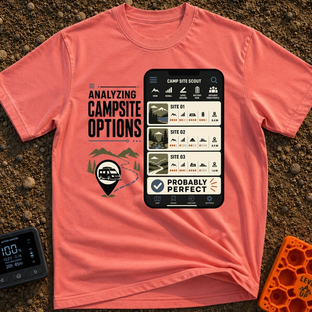 Campsite Under Review - T-Shirt in Watermelon - A graphic combining the text 'ANALYZING CAMPSITE OPTIONS' with an...