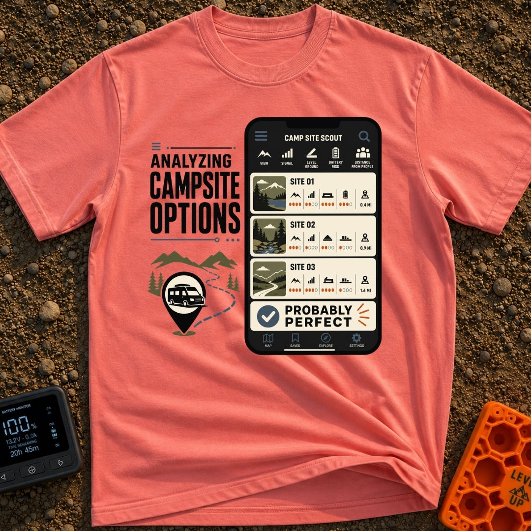 Campsite Under Review - T-Shirt in Watermelon - A graphic combining the text 'ANALYZING CAMPSITE OPTIONS' with an...