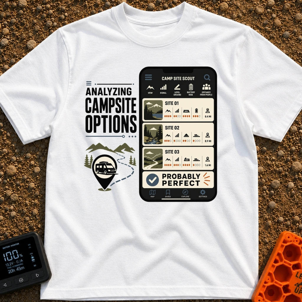 Campsite Under Review - T-Shirt in White - A graphic combining the text 'ANALYZING CAMPSITE OPTIONS' with an illustration...