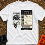 Campsite Under Review - T-Shirt in White - A graphic combining the text 'ANALYZING CAMPSITE OPTIONS' with an illustration...