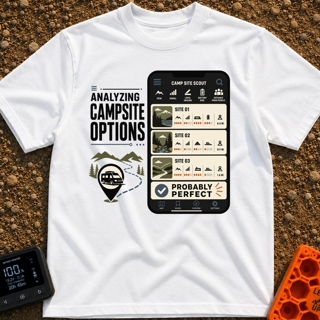 Campsite Under Review - T-Shirt in White - A graphic combining the text 'ANALYZING CAMPSITE OPTIONS' with an illustration...