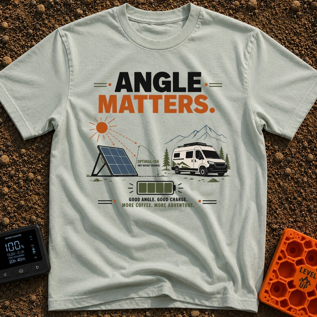 Angle Is Everything - T-Shirt in Bay - An illustration featuring the text "ANGLE MATTERS" above a portable solar panel...