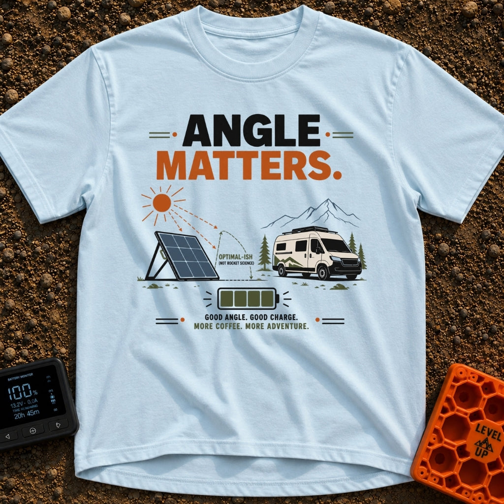 Angle Is Everything - T-Shirt in Chambray - An illustration featuring the text "ANGLE MATTERS" above a portable solar...