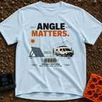 Angle Is Everything - T-Shirt in Chambray - An illustration featuring the text "ANGLE MATTERS" above a portable solar...
