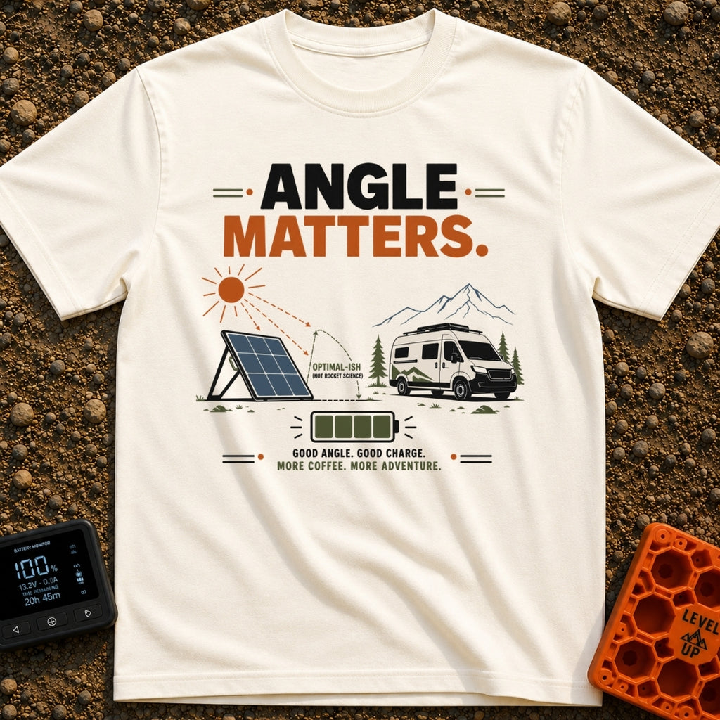Angle Is Everything - T-Shirt in Ivory - An illustration featuring the text "ANGLE MATTERS" above a portable solar panel...