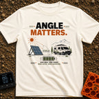 Angle Is Everything - T-Shirt in Ivory - An illustration featuring the text "ANGLE MATTERS" above a portable solar panel...