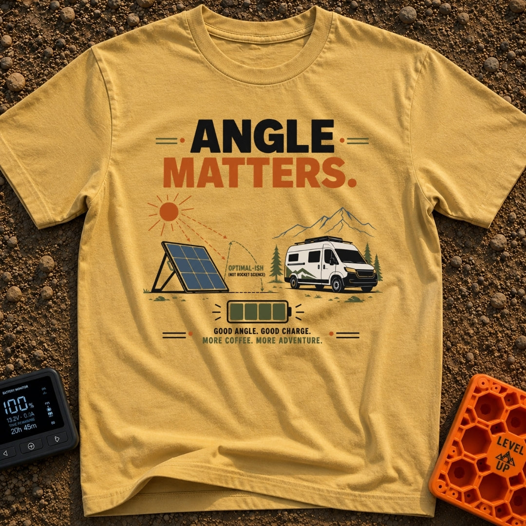 Angle Is Everything - T-Shirt in Mustard - An illustration featuring the text "ANGLE MATTERS" above a portable solar...