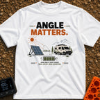 Angle Is Everything - T-Shirt in White - An illustration featuring the text "ANGLE MATTERS" above a portable solar panel...