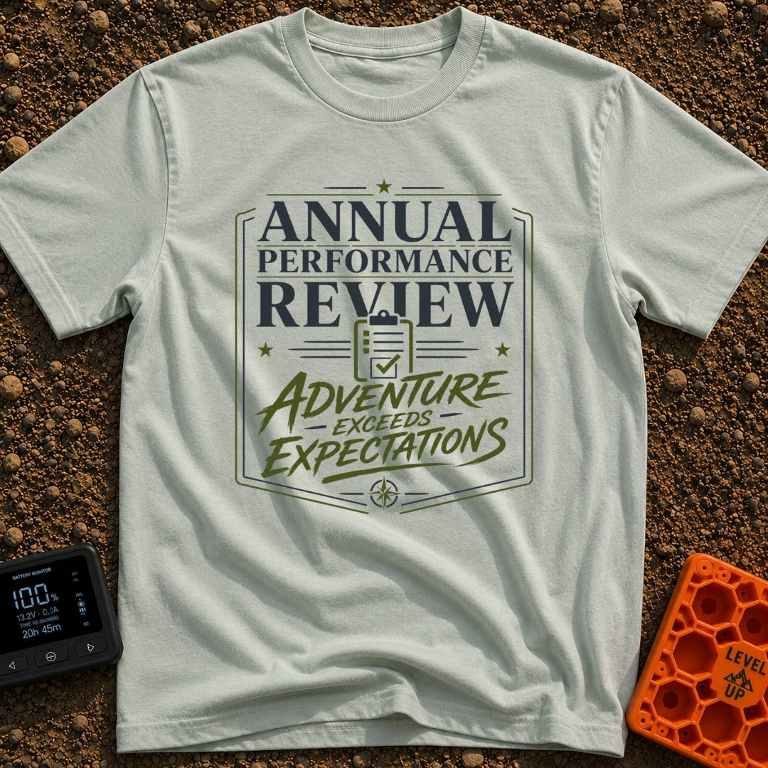 Adventure Exceeds Expectations - T-Shirt in Bay - A typographic badge design featuring the text 'ANNUAL PERFORMANCE...