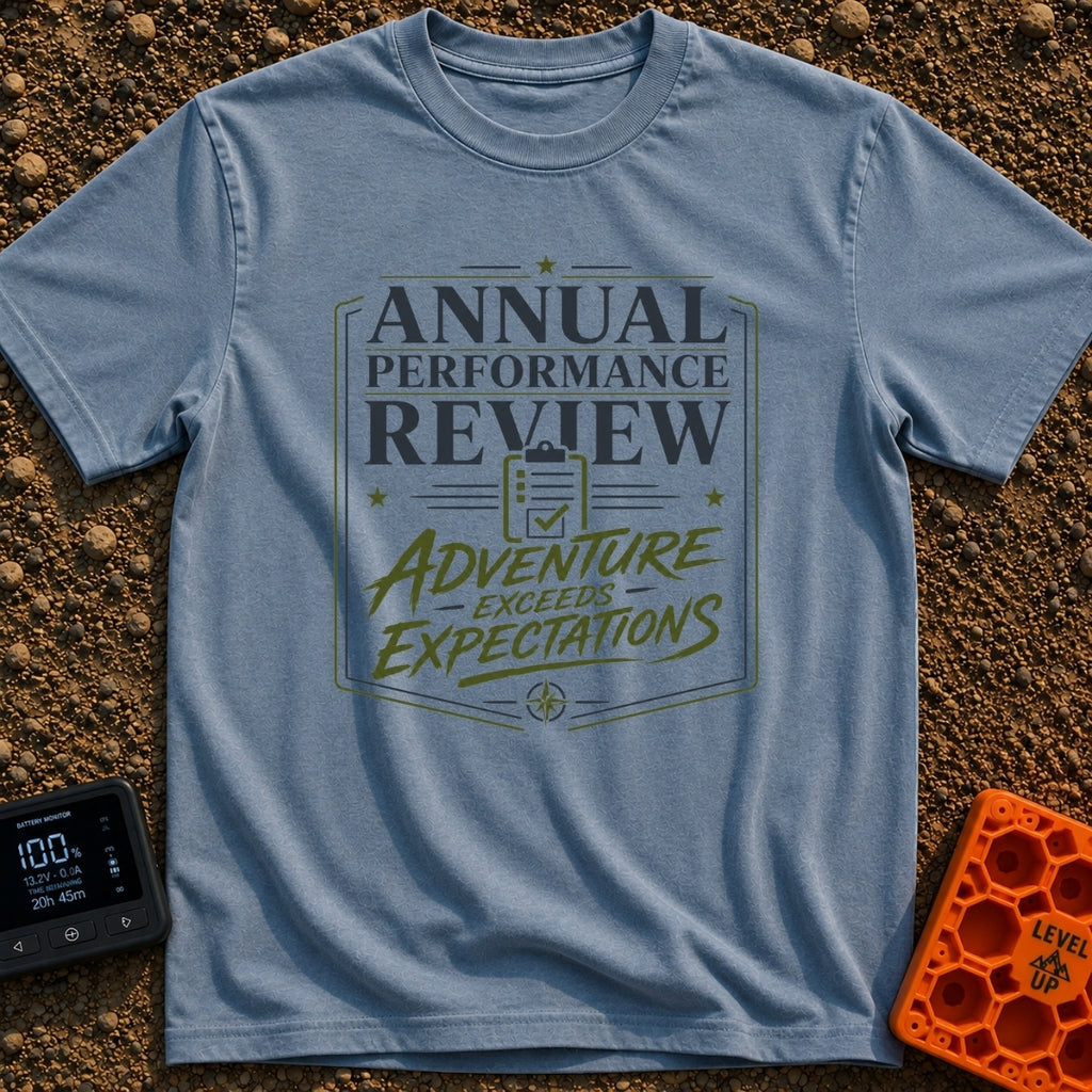 Adventure Exceeds Expectations - T-Shirt in Blue Jean - A typographic badge design featuring the text 'ANNUAL PERFORMANCE...
