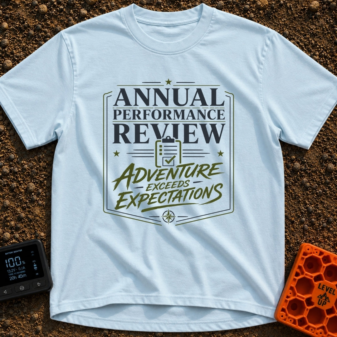 Adventure Exceeds Expectations - T-Shirt in Chambray - A typographic badge design featuring the text 'ANNUAL PERFORMANCE...