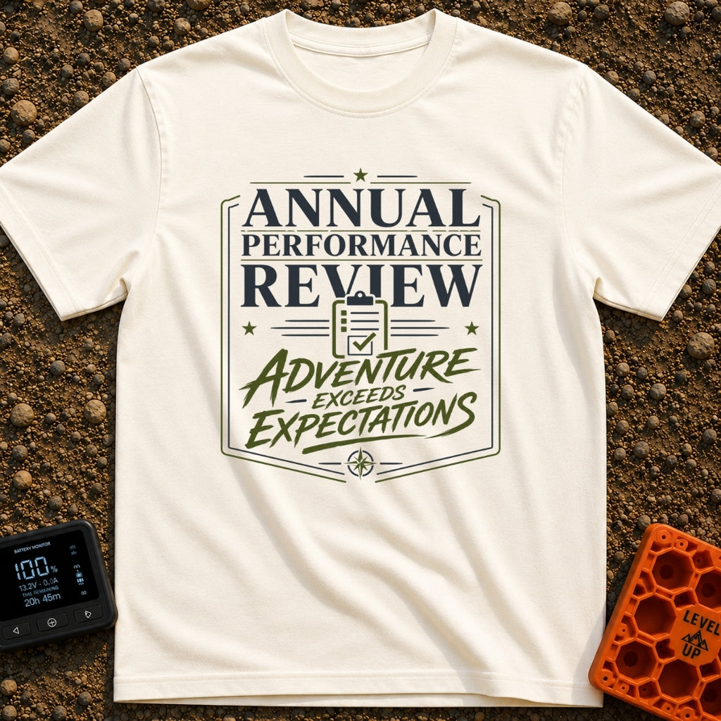 Adventure Exceeds Expectations - T-Shirt in Ivory - A typographic badge design featuring the text 'ANNUAL PERFORMANCE...