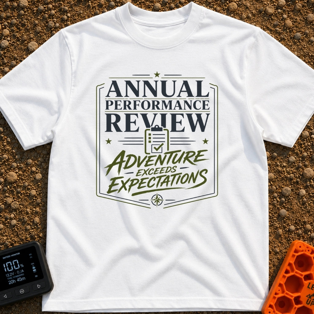 Adventure Exceeds Expectations - T-Shirt in White - A typographic badge design featuring the text 'ANNUAL PERFORMANCE...
