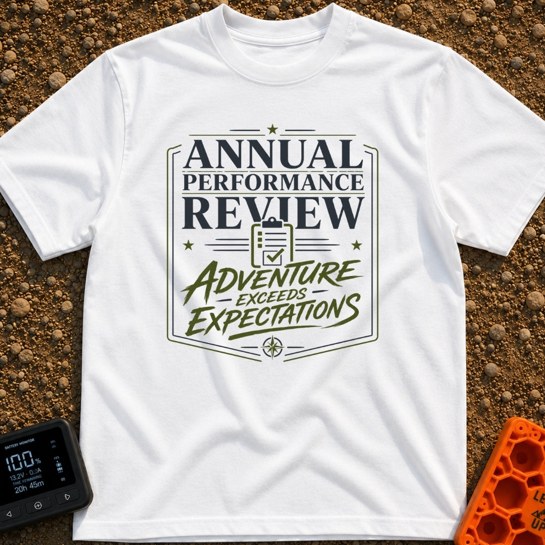 Adventure Exceeds Expectations - T-Shirt in White - A typographic badge design featuring the text 'ANNUAL PERFORMANCE...