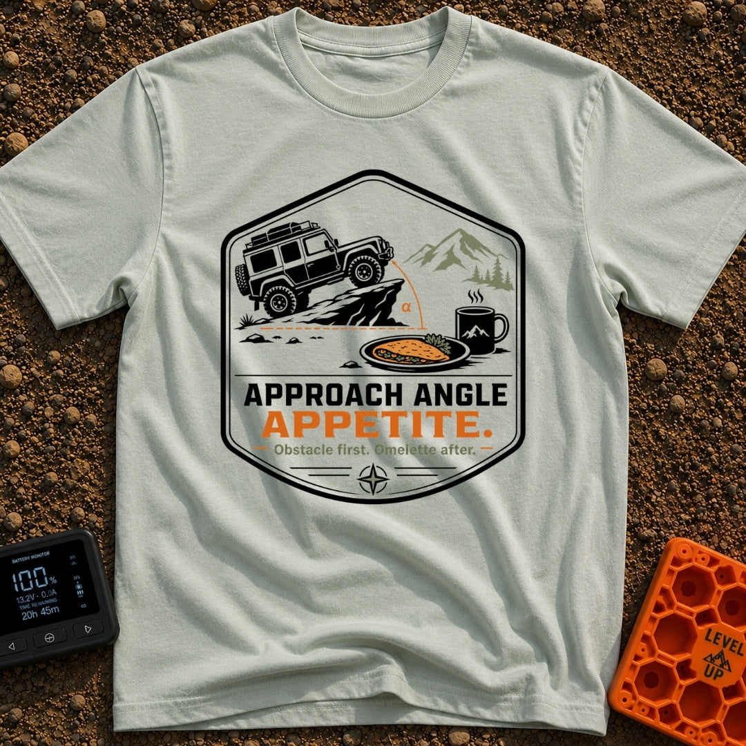 Appetite For Angles - T-Shirt in Bay - A badge design showing a 4x4 off-road vehicle driving up a steep rock, with an...