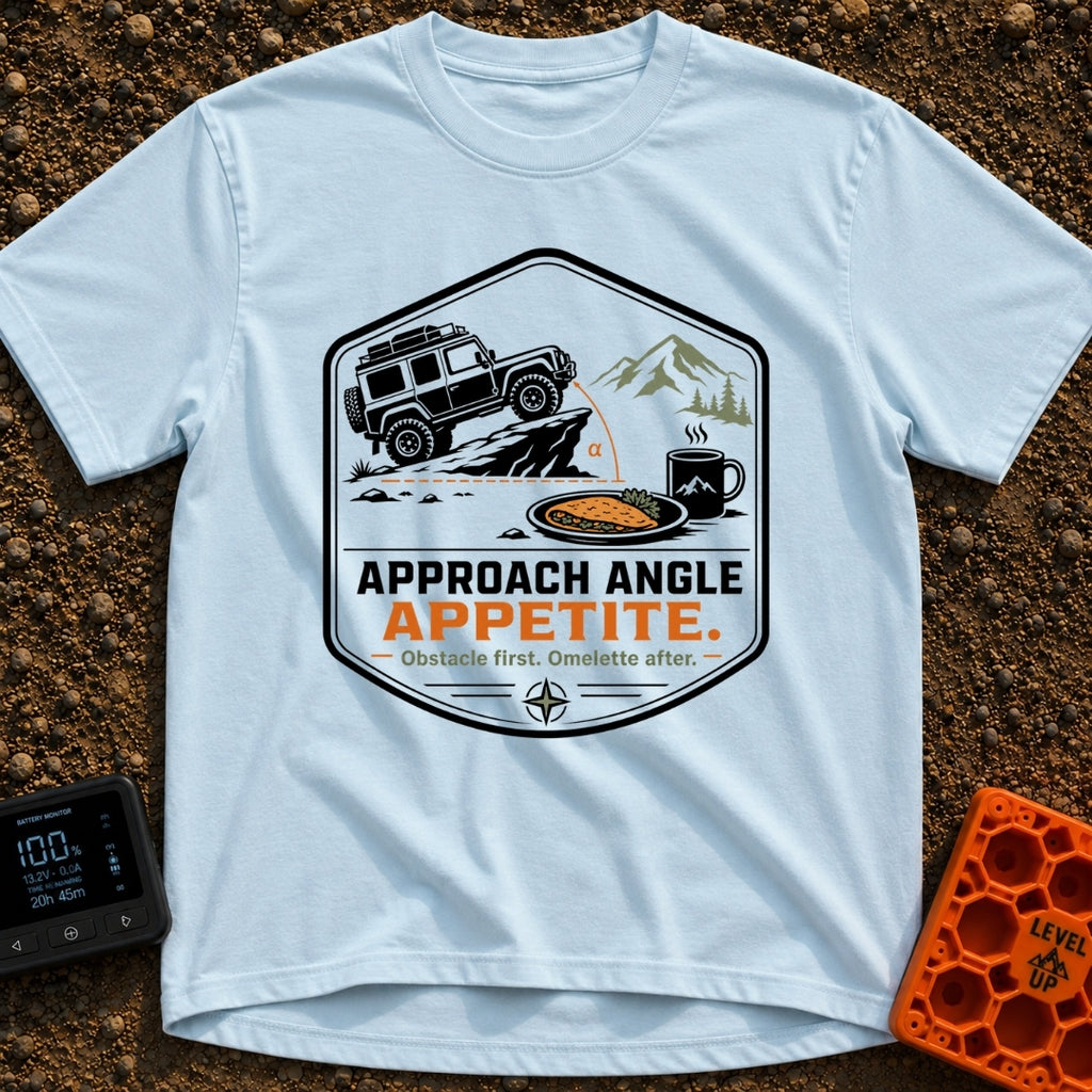 Appetite For Angles - T-Shirt in Chambray - A badge design showing a 4x4 off-road vehicle driving up a steep rock, with...